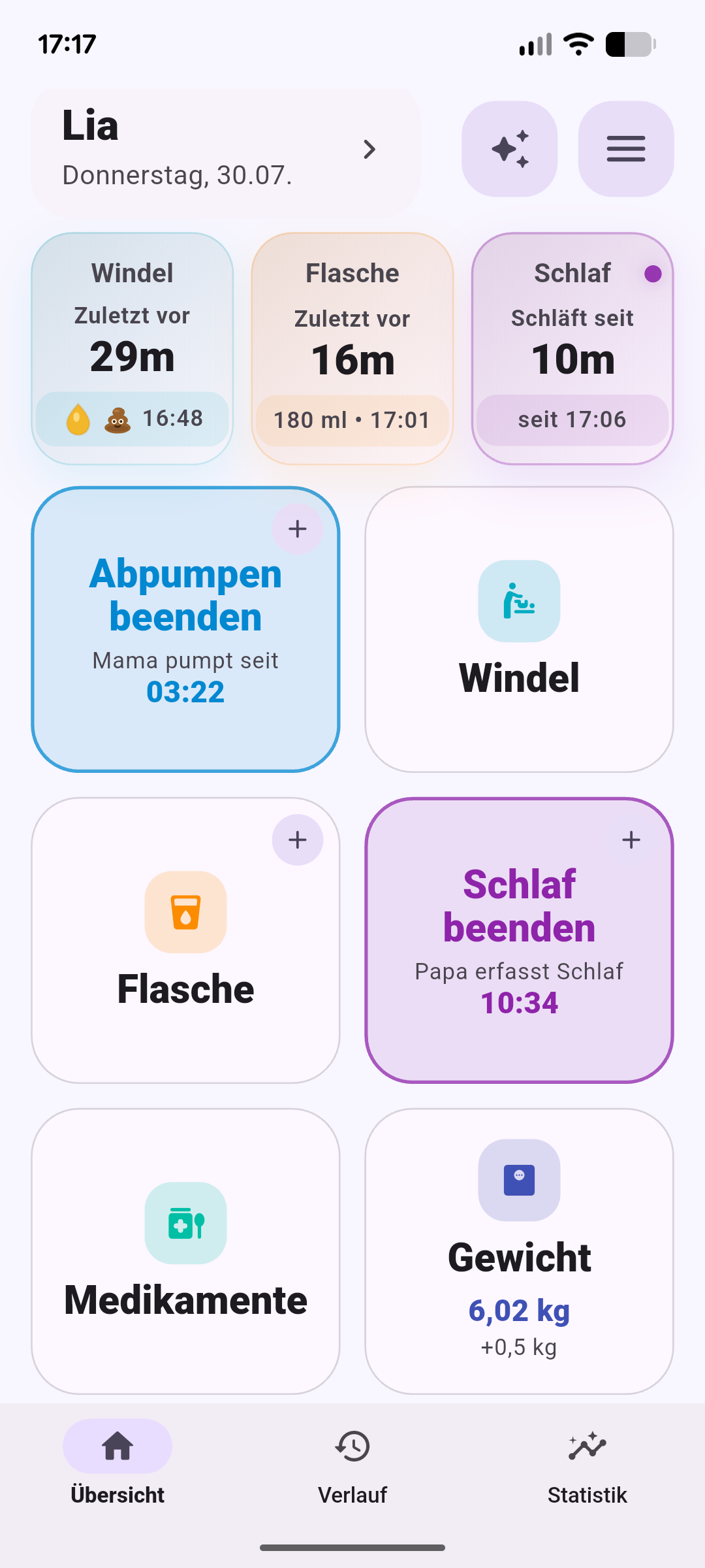 LiaLog Screenshot Dashboard mit Timern
