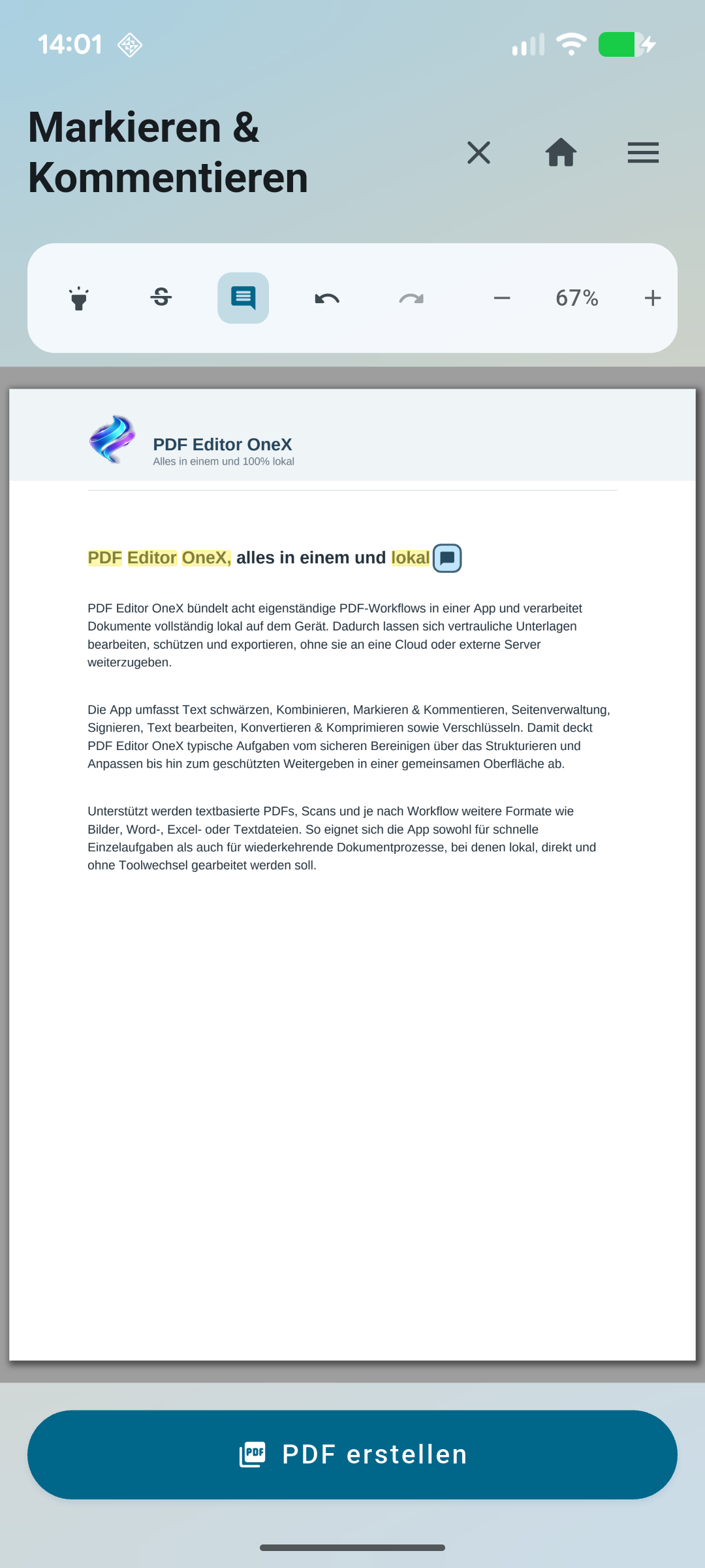 PDF Editor OneX Markieren und Kommentieren