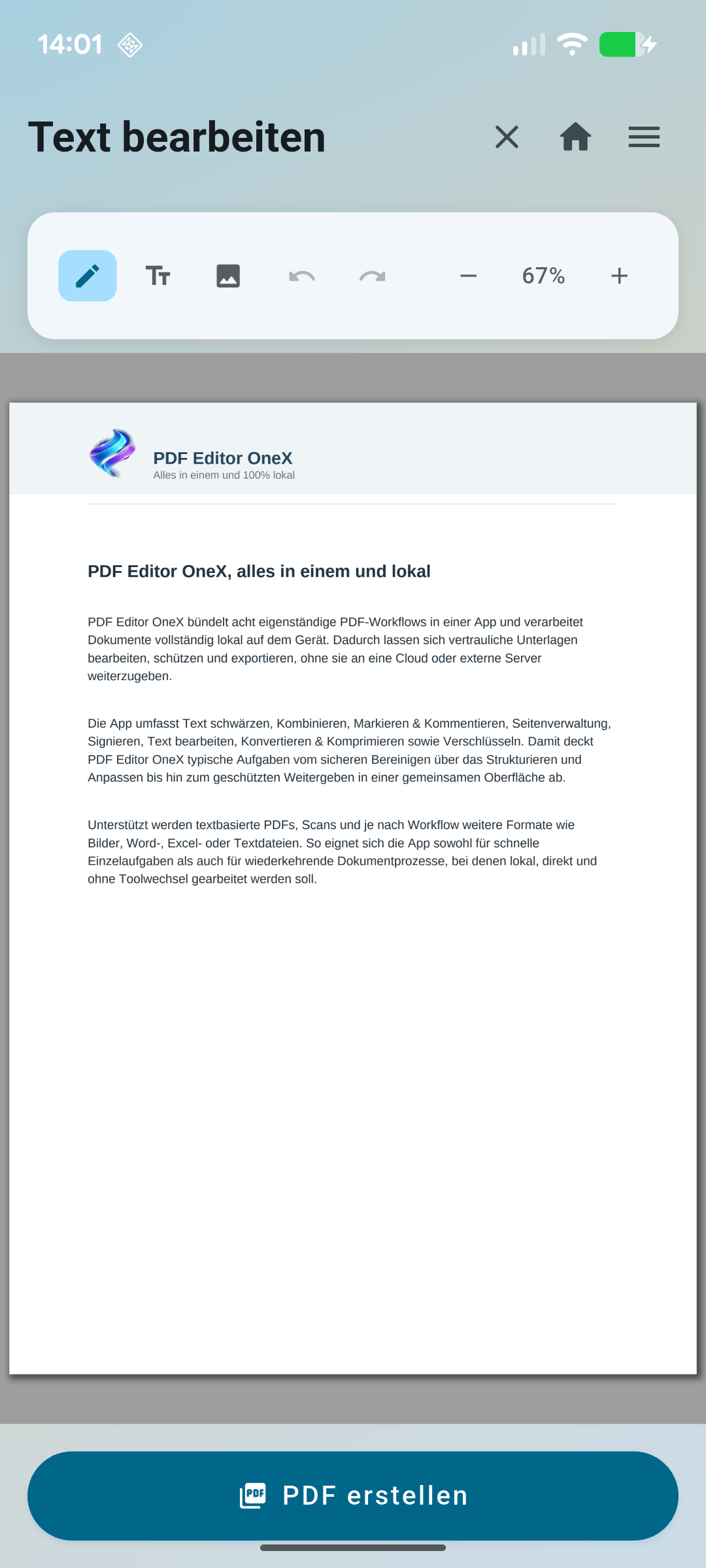 PDF Editor OneX Text bearbeiten Detailansicht