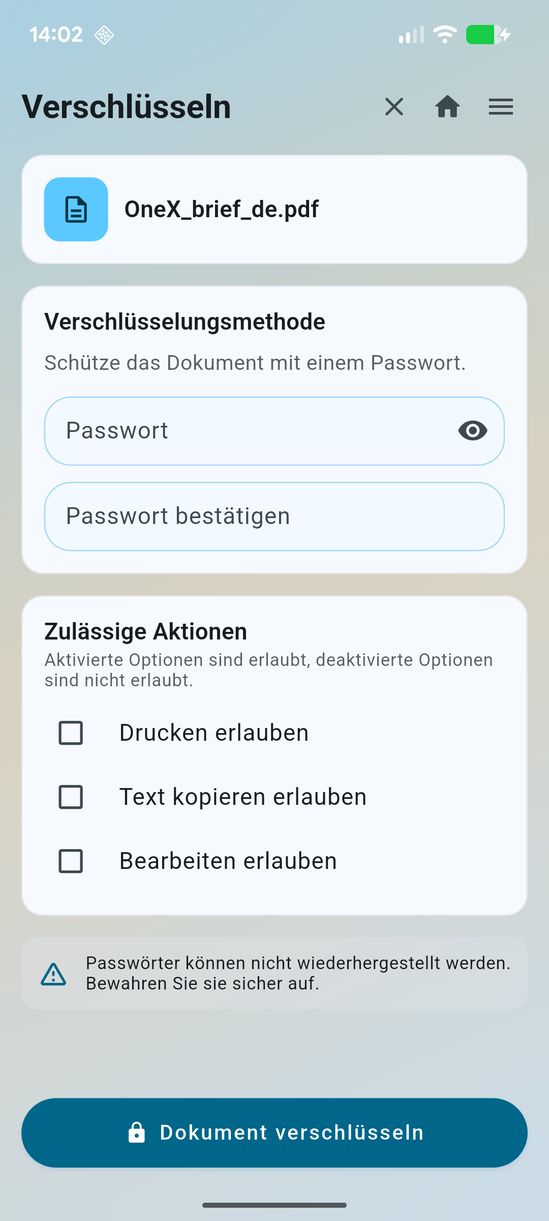 PDF Editor OneX Verschlüsseln