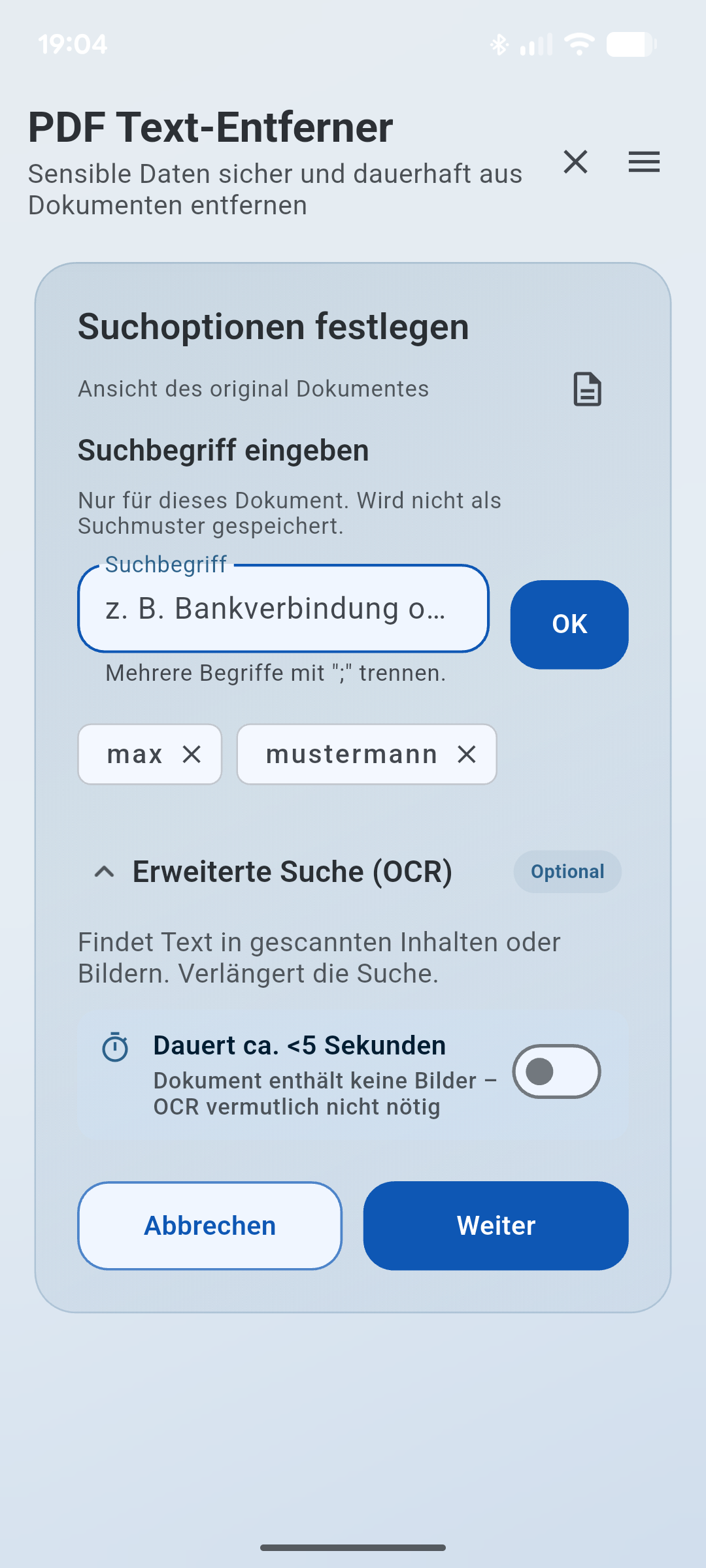 PDF Text Remover Suchoptionen